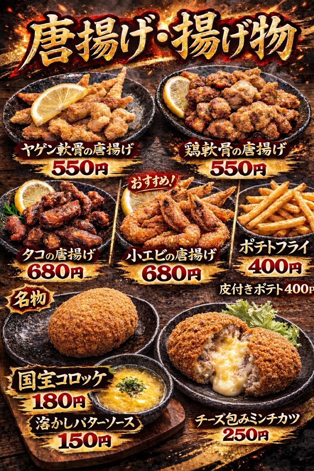 軟骨、タコ、小エビの唐揚げ、ポテト、コロッケ、チーズ包みミンチカツのメニュー