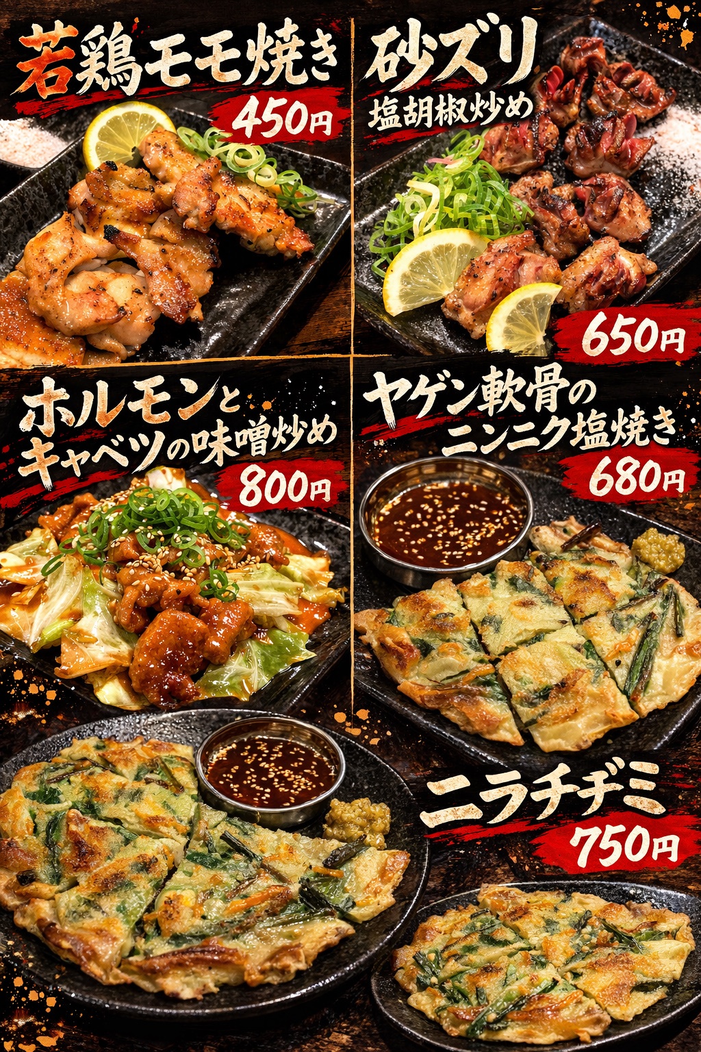若鶏モモ焼き、砂ズリ、ホルモン炒め、ヤゲン軟骨焼き、ニラチヂミのメニュー